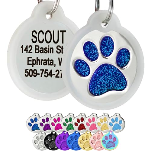 GoTags Paw Print Round Stainless Steel Pet Tag for Dogs and Cats, Personalized with 4 Lines of Custom Engraved ID with Silencer, in Stainless Steel and 15 Colors Small and Large, Glitter Blue - color: Glitter Blue, size: Large w/ Silencer