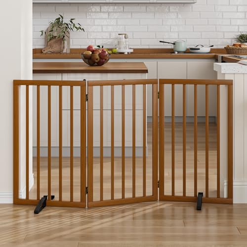 Dog Gate 32" Tall Foldable Dog Gate for Doorways Freestanding Pet Gate for Dogs Indoor (Walnut, 3 Panel) - color: Walnut, size: 32inches Tall-3 Panels