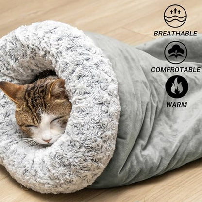 Covered Cat Bed for Indoor Cats, Washable Fluffy Cat Sleeping Bag | Warm Winter Pet Cave Bed for Relax & Play, Cozy Kitten Tunnel Nest for Cold Weather