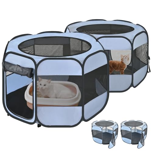 2-in-1 Cat Playpens, Detachable into 2 Separate Playpens with Additional 2 Doors, Portable Dog Playpen Cat Tent Enclosure for Kitten and Puppy Indoor Outdoor Use(M) - color: Grey, size: M, 71"L x 34"W x 24.1"H