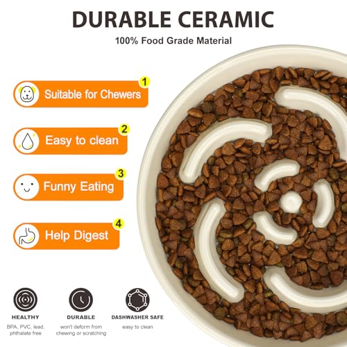 Slow Feeder Dog Bowl, Ceramic 2 Cups Dog Food Bowls for Small, Medium, and Large Breed, Anti-Slip Maze Puzzle Food Dish to Slow Down Eating (White, 2 Cups) - color: Flower - White