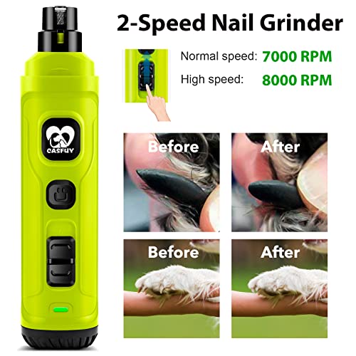 Casfuy Dog Nail Grinder with 2 LED Light - New Version 2-Speed Powerful Electric Pet Nail Trimmer Professional Quiet Painless Paws Grooming & Smoothing for Small Medium Large Dogs(Green) - color: E-Green
