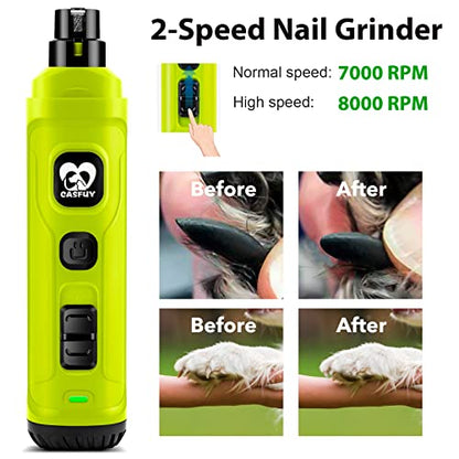 Casfuy Dog Nail Grinder with 2 LED Light - New Version 2-Speed Powerful Electric Pet Nail Trimmer Professional Quiet Painless Paws Grooming & Smoothing for Small Medium Large Dogs(Green) - color: E-Green