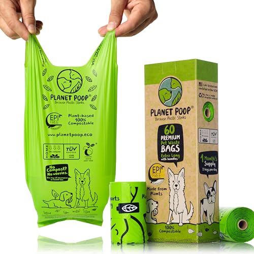 PLANET POOP Home Compostable Dog Poop Bags Extra-Long with Handles 60 Un-Scented Pet Waste Bags Plastic Free, Thick Leakproof Plant-Based Doggy Bag, Cats & Dogs Pet Supplies - size: 60 Count (Pack of 1)