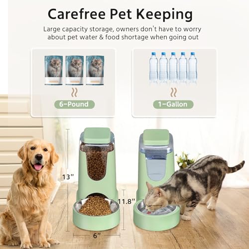 2 Pack Automatic Cat Feeder and Stainless Steel Water Dispenser, Gravity Dog Waterer Set Food Feeder and Waterer Set for Small Medium Kitten Puppy Pets(1 Gallon x 2, Green) - color: 1 Gallon x 2 - Green