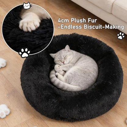 Calming Donut Dog Bed Medium Size Dog - Washable Removable Cover Non-Slip Bottom, Round Pet Bed Cat Bed Warming Fluffy Plush Faux Fur Anti-Anxiety, Fits up to 45 lbs (Black, 30") - color: Black, size: 30"L x 30"W x 8"Th