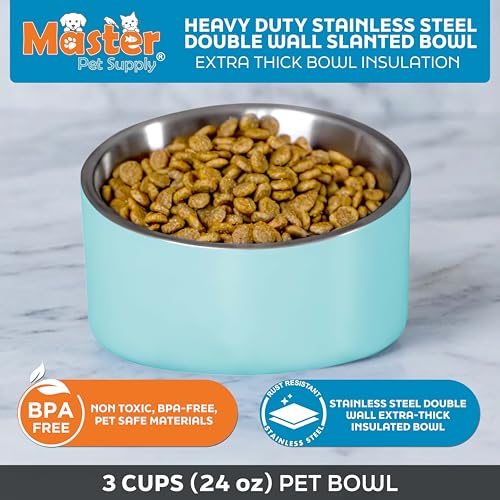 Master Pet Supply Stainless Steel Slanted Dog Cat Food Bowl - 24 oz Heavy Duty - Aqua Sky, Double Wall Insulated, Non-Slip Elevated Bowl for French Bulldogs Pugs Cats, Anti Rust Dishwasher Safe - color: Aqua Sky, size: 3 Cups (24 oz)