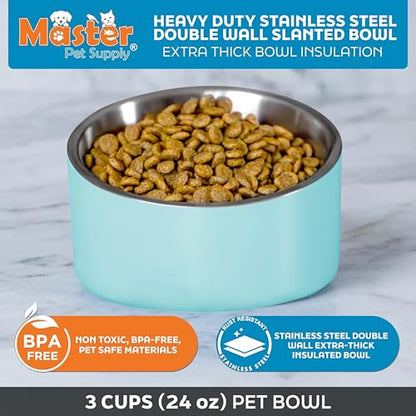 Master Pet Supply Stainless Steel Slanted Dog Cat Food Bowl - 24 oz Heavy Duty - Aqua Sky, Double Wall Insulated, Non-Slip Elevated Bowl for French Bulldogs Pugs Cats, Anti Rust Dishwasher Safe - color: Aqua Sky, size: 3 Cups (24 oz)