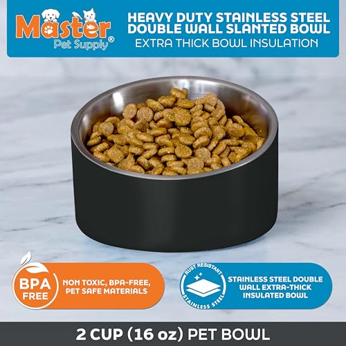 Master Pet Supply Stainless Steel Slanted Dog Cat Food Bowl - 16 oz Heavy Duty - Black Velvet, Double Wall Insulated, Non-Slip Elevated Bowl for French Bulldogs Pugs Cats, Anti Rust Dishwasher Safe - color: Black Velvet, size: 2 Cups (16 oz)