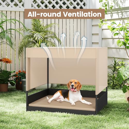 Tangkula Elevated Wicker Dog House for Small to Medium Breeds, Raised Rattan Pet Sofa Bed with Removable Cushion, Canopy Roof, Indoor & Outdoor Puppy Cat Shade Shelter for Patio, Yard, Garden