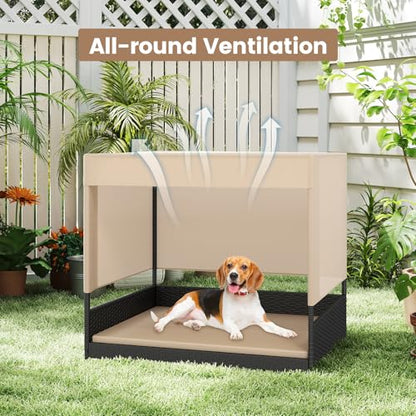 Tangkula Elevated Wicker Dog House for Small to Medium Breeds, Raised Rattan Pet Sofa Bed with Removable Cushion, Canopy Roof, Indoor & Outdoor Puppy Cat Shade Shelter for Patio, Yard, Garden