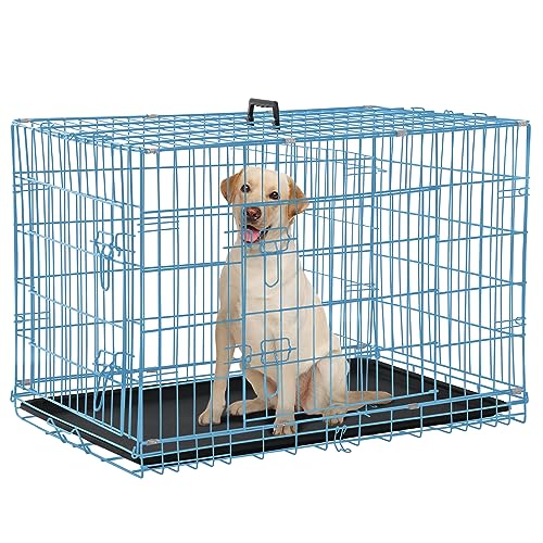 Dog Crate Dog Kennel Cage 42” Portable Foldable Indoor Outdoor Large Double Door Wire Metal Puppy Cat Pet Dog Cage with ABS Tray LC & Divider, Blue - color: Blue, size: 42 inch