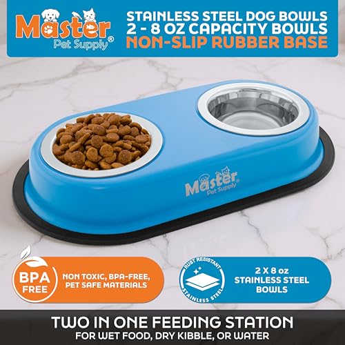 Master Pet Supply Double Dog Bowls Set with Elevated Base and 2 (8 oz) Stainless Steel Removable Dishes (True Blue) – Double Cat Food Water Bowl, Dog Puppy Food Bowl Set, Rust Resistant - color: True Blue