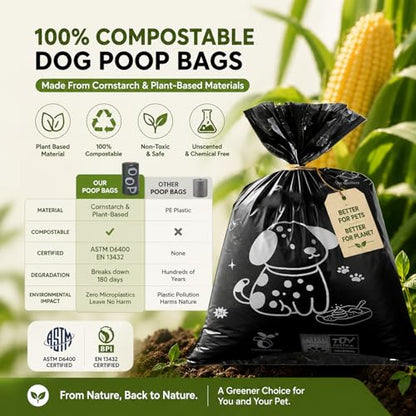 Biodegradable Dog Poop Bags 13×9in 450 count with Free Dispenser | ASTM D6400 & EN 13432 Compliant BPI Certified Poop Bags for Dogs, Unscented, Large, Earth Friendly Leakproof, Easy to Open - color: Black, size: 450 Count (Pack of 1)