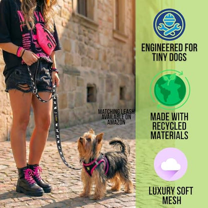 EcoBark Teacup Dog Harness - Luxury Step in Dog Harness in Black & Pink - Soft & Secure Body Halter Vest - Reflective Halter Vest - color: Black and Pink Trim, size: XXS- 4 to 5 lbs- Chest Up to 11 in (Pack of 1)