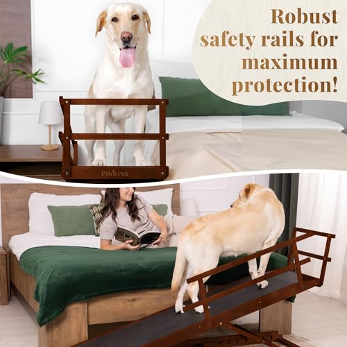 Dog Ramp for Bed with Safety Rails for High Beds up to 37" – Extra Wide 19.5" Adjustable Dog Bed Ramp for Large Dogs up to 200 lbs – Solid Birchwood, Non-Slip Rubber Surface, Foldable Design – Walnut - color: Walnut