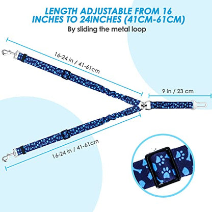 SlowTon Dog Seat Belt, Double Dog Seatbelt Adjustable Vehicle Safety Leash with Elastic Bungee Buffer, Reflective No Tangle Y Shape Two Dog Harness Seat Belt Splitter for Pets Car Trip (Blue Paws, S) - color: I.Blue Paws, size: 2 Small in 1
