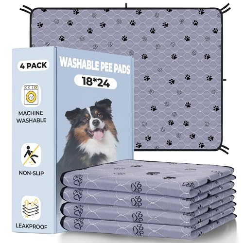 Fostanfly Washable Pee Pads for Dogs, Ultra-Absorbent & Leakproof Reusable Puppy Pads Non-Slip Protects Against Urine Leakage for Potty Training-4 Pack 18"x24" Add 8 Lanyards - color: Gray, size: 18*24 Inch (Pack of 4)