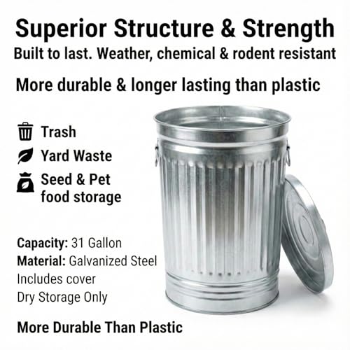 31 Gallon Metal Trash Can with Locking Lid, Galvanized Steel Outdoor Garbage Can for Dog Poop, Litter, Pet Food Storage, Rust & Weather Resistant, Heavy Duty Wire Bail Handle