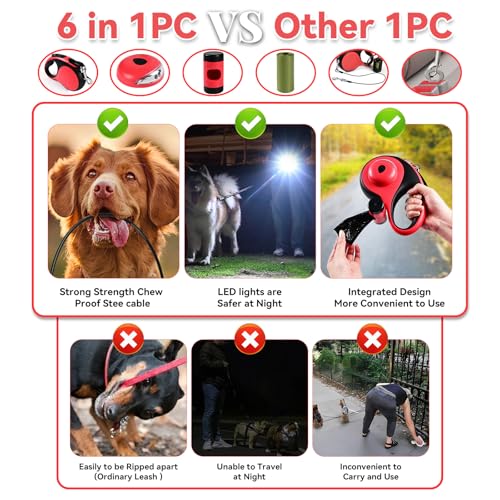 Heavy Duty Retractable Dog Leash for Large Dogs, 26ft Dog Leash with Poop Bag Holder, Up to 110lbs, chew Proof Cable, LED Light, 360° No-Tangle, One-Handed Pause & Locked (Red, L 26ft) - color: Red