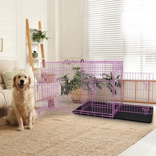 Dog Crate, 24/30/36/42/48 Inch Dog Crates for Small Medium Large Dogs Indoor, Folding Metal Dog Kennel Dog Cage with Double-Door, Divider Panel, Removable Tray, Locks and Handle, (48 Inch, Pink) - color: PINK, size: 48.0"L x 29.0"W x 31.0"H