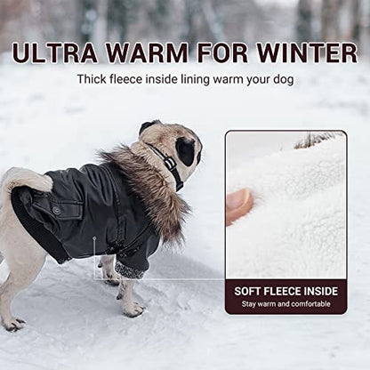 LESYPET Dog Leather Jacket for Small Dogs, Waterproof Dog Winter Jacket Puppy Coat with Fleece Lined, Ultra Warm Fur Collar Doggie Coat, Black XX-Large - color: Black, size: XX-Large
