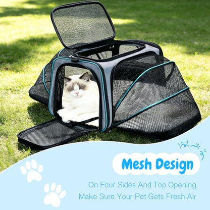 Double Expandable Cat Carrier,Airline Approved Soft-Sided Pet Travel Carrier for Small Dogs Cats under 15 lbs,Waterproof 600D Oxford Fabric with Washable Replacement Liner,Odor-Free & Claw-Proof(Blue) - color: Blue