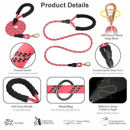 Homapet. Braided Rope Dog Leash 6 Ft with Comfortable Padded Handle Reflective Threads with Poop Bag Dispenser for Large Dogs (Pink/Black 1/2") - color: Pink/Black