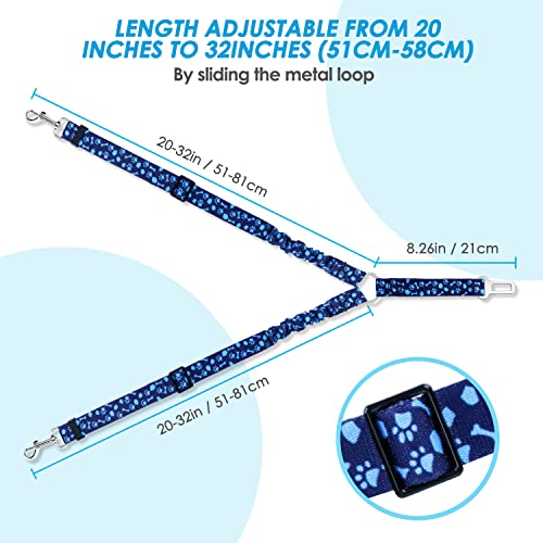 SlowTon Dog Seat Belt, Double Dog Seatbelt Adjustable Vehicle Safety Leash with Elastic Bungee Buffer, Reflective No Tangle Y Shape Two Dog Harness Seat Belt Splitter for Pets Car Trip (Blue Paws, M) - color: I.Blue Paws, size: 2 Medium in 1