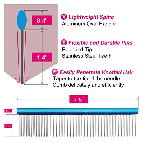 7.5" Greyhound Oval Grooming Comb – Blue Aluminum Spine, Stainless Steel Teeth Comb for Long-Haired Dogs & Cats, Removes Mats, Tangles, and Loose Fur – Lightweight for Long Time Deshedding - size: 7.5"