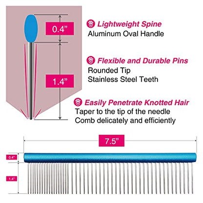 7.5" Greyhound Oval Grooming Comb – Blue Aluminum Spine, Stainless Steel Teeth Comb for Long-Haired Dogs & Cats, Removes Mats, Tangles, and Loose Fur – Lightweight for Long Time Deshedding - size: 7.5"