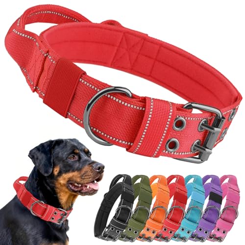 Tactical Dog Collar with Control Handle, Military Adjustable Pet Collar Reflective Heavy Metal Buckle Dog Collar, Soft Nylon Training Collar for Medium Large Dogs (Red, Large) - color: Red, size: Large
