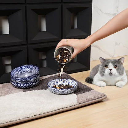 Selamica 세라믹 고양이 그릇, 14cm(5.6인치) 너비의 얕은 고양이 사료 그릇, 음식과 물용, 수염 친화적, 6개 세트, 빈티지 블루 - color: 빈티지 블루, size: 5.6 Inch, Set of 6
