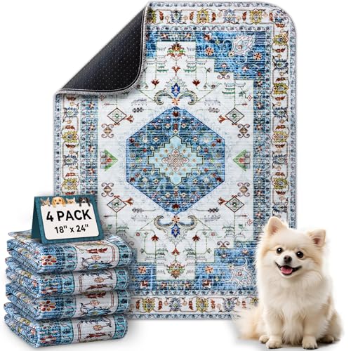 Washable Pee Pads for Dogs, Stylish Absorbent Reusable Training Dog Pads, Non-Slip and Leak-Proof Puppy Pads, Potty Pads for Crates, Whelping, Playpen, Bed and Floors, Blue Medallion 4 Pack 18" x24" - color: Blue Medallion, size: 18" x 24" 4PACK