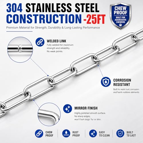 25ft Heavy Duty Dog Tie-Out Chain for Outside - Chew Proof Metal Leash with Strong Hook and Lockable Snap, Outdoor Dog Runner Lead for Small Medium Large Dogs up to 200lbs for Yard