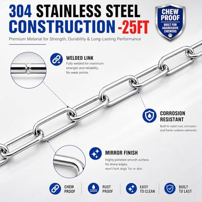 25ft Heavy Duty Dog Tie-Out Chain for Outside - Chew Proof Metal Leash with Strong Hook and Lockable Snap, Outdoor Dog Runner Lead for Small Medium Large Dogs up to 200lbs for Yard