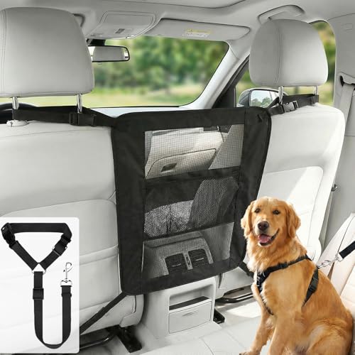 Dog Car Barrier, Dog Car Net Barrier, Heavy Duty Canvas Seat Divider with Belt Set, Double-Sided Organizer, Adjustable Pet Safety Kit, Precision Fit for SUV & Cars