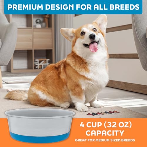 Master Pet Supply Stainless Steel Dog Bowls Set of 2 with Extra Thick Silicone Base - 4 Cup (32 oz) True Blue, Non-Slip, Dishwasher Safe Metal Bowls, Pet Dog Food Bowl for Dogs, Cats, Anti Rust - color: True Blue, size: 4 Cups (32 oz) 2 Pack