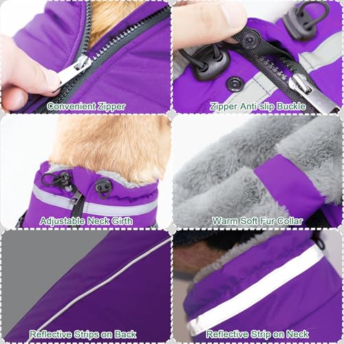 Fragralley Dog Coat with Harness Built in, Waterproof Windproof Reflective Warm Puffer Jacket, Fleece Lined Vest Winter Parka for Small, Medium, Large Dogs - color: Purple, size: X-Small