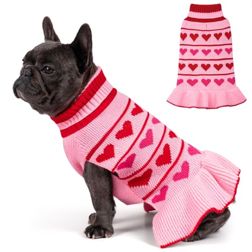 KYEESE Valentines Dog Sweater, Soft Turtleneck Dog Sweaters for Small Dogs, Stretchy Pullover Small Dogs Sweater, Warm Pet Sweaters Dress with Heart Print, Comfy Pet Clothes Coat with Leash Hole, S - color: 00# Red Love Design, size: Small (3-6lbs)