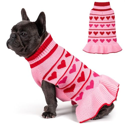 KYEESE Valentines Dog Sweater, Soft Turtleneck Dog Sweaters for Small Dogs, Stretchy Pullover Small Dogs Sweater, Warm Pet Sweaters Dress with Heart Print, Comfy Pet Clothes Coat with Leash Hole, S - color: 00# Red Love Design, size: Small (3-6lbs)