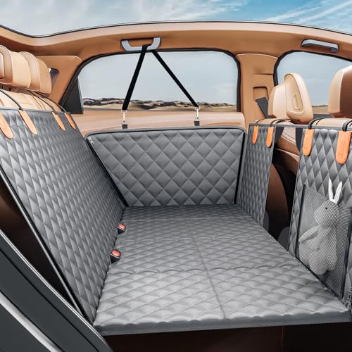 PETICON Back Seat Extender for Dogs, Hard Bottom Dog Car Seat Cover - Supports 400lbs, Rear Seat Pet Cover with Mesh Window, Waterproof Dog Hammock for Car SUV - color: gray, size: L - 50.5"W x 60.5"L - Car/SUV