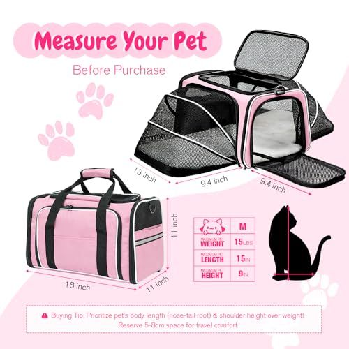 Double Expandable Cat Carrier,Airline Approved Soft-Sided Pet Travel Carrier for Small Dogs Cats under 15 lbs,Waterproof 600D Oxford Fabric with Washable Replacement Liner,Odor-Free & Claw-Proof(Pink) - color: Pink