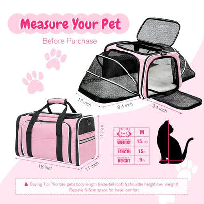 Double Expandable Cat Carrier,Airline Approved Soft-Sided Pet Travel Carrier for Small Dogs Cats under 15 lbs,Waterproof 600D Oxford Fabric with Washable Replacement Liner,Odor-Free & Claw-Proof(Pink) - color: Pink