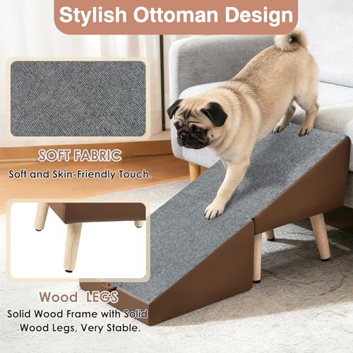 Split Ottoman Dogs Ramp, Dog Ramp for Couch and Bed, Dog Stairs for Small Dogs and Cats, 2-in-1 Foldable Wooden Pet Stairs and Ottoman,Non-Slip Fabric Surface Ramp for Couch and Bed Brown - color: Brown