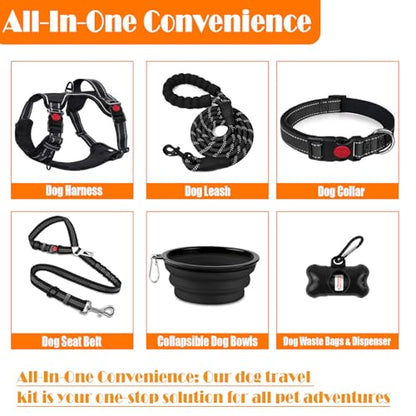 LOBEVE No Pull Dog Harness, Collar & Leash Set | Includes Dog Seat Belt, Collapsible Bowls & Poop Bag Dispenser. Ideal for Training, Walking, Hiking. Fits Small to Large Dogs(Black-XL) - color: Black, size: X-Large