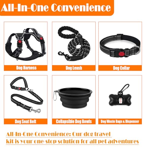 LOBEVE No Pull Dog Harness, Collar & Leash Set | Includes Dog Seat Belt, Collapsible Bowls & Poop Bag Dispenser. Ideal for Training, Walking, Hiking. Fits Small to Large Dogs(Black-L) - color: Black, size: Large