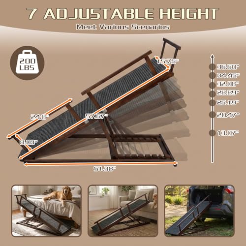 Dog Ramp for Bed - 7-Level Adjustable (13"-37") Birchwood, 60" Foldable Soft Carpet Ramp with Removable Washable Cover & Rails, for High Bed/Couch, DIY Glow Strips, Supports 200 Lbs - color: Brown - Carpet Style