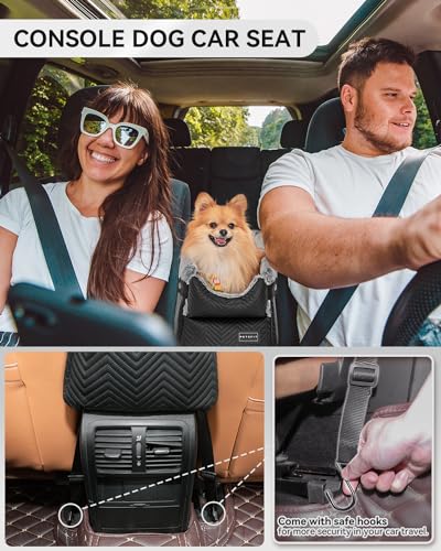 PETSFIT Center Console Dog Car Seat with Safe Protection Hooks, Pet Car Seat with Upgraded Safety Tethers, Washable Cushion, Console Dog Car Seats for Small Dogs Up to 8 Lbs(Black) - color: Black