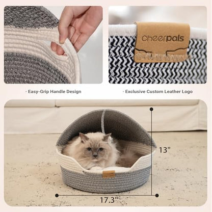 CHEERPALS Cat Basket Bed with Washable Cushion and Ball Rope Cotton, Covered Pet Bed for Indoor Cats Cave Bed Hooded, Stimulicat Cat Bed Handwoven Breathable, All Season Universal(Blue) - color: Blue